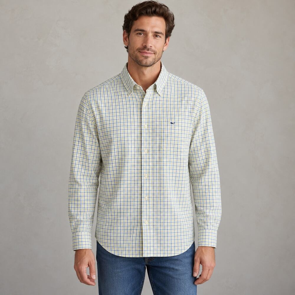 Vineyard Vines White Yellow Blue Plaid Long Sleeve Whale Button Down Shirt XL